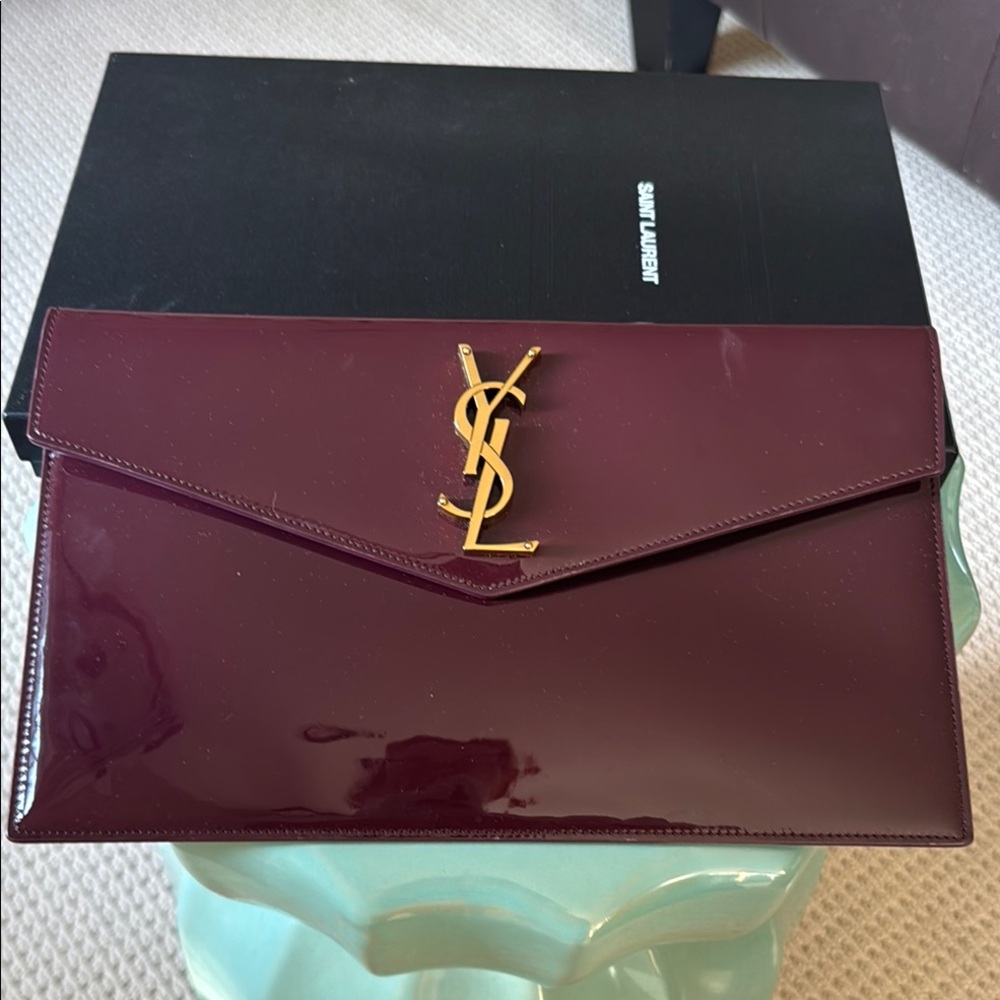 YSL Saint Laurent Burgundy Patent Uptown Clutch